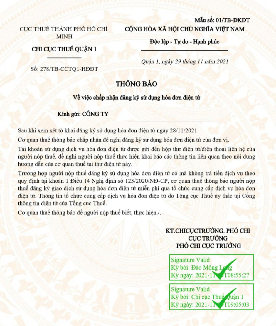 Mẫu thông báo chấp nhận đăng ký sử dụng hóa đơn điện tử