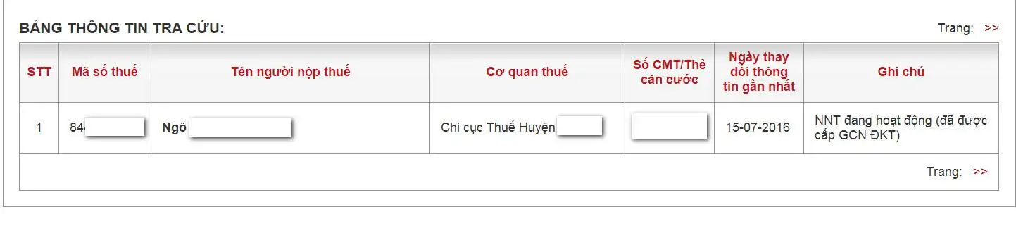 Bảng thông tin tra cứu MST cá nhân