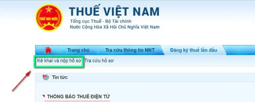 Chọn mục Kê khai và nộp hồ sơ