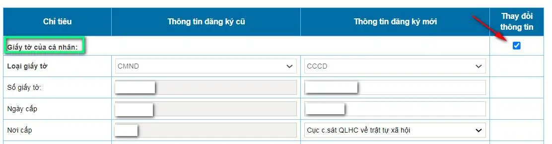 Tick vào ô thay đổi thông tin