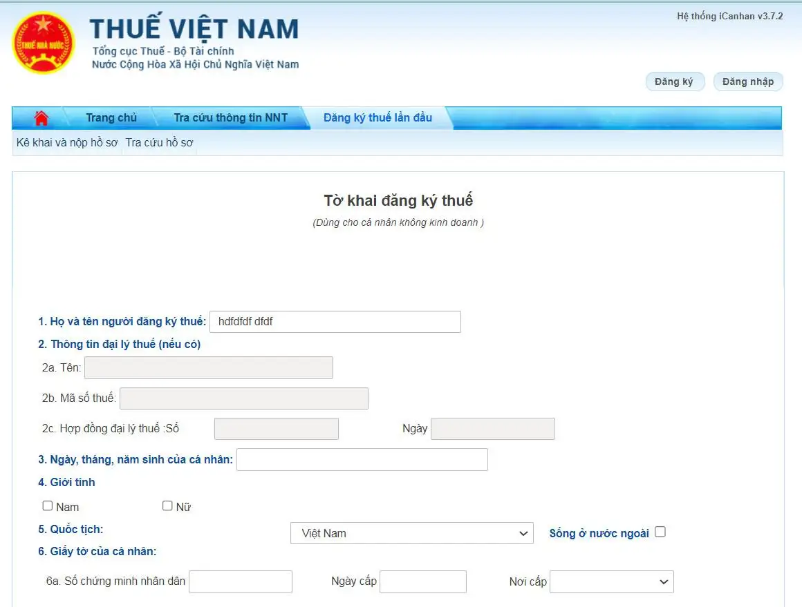 Tờ khai đăng ký thuế thu nhập cá nhân