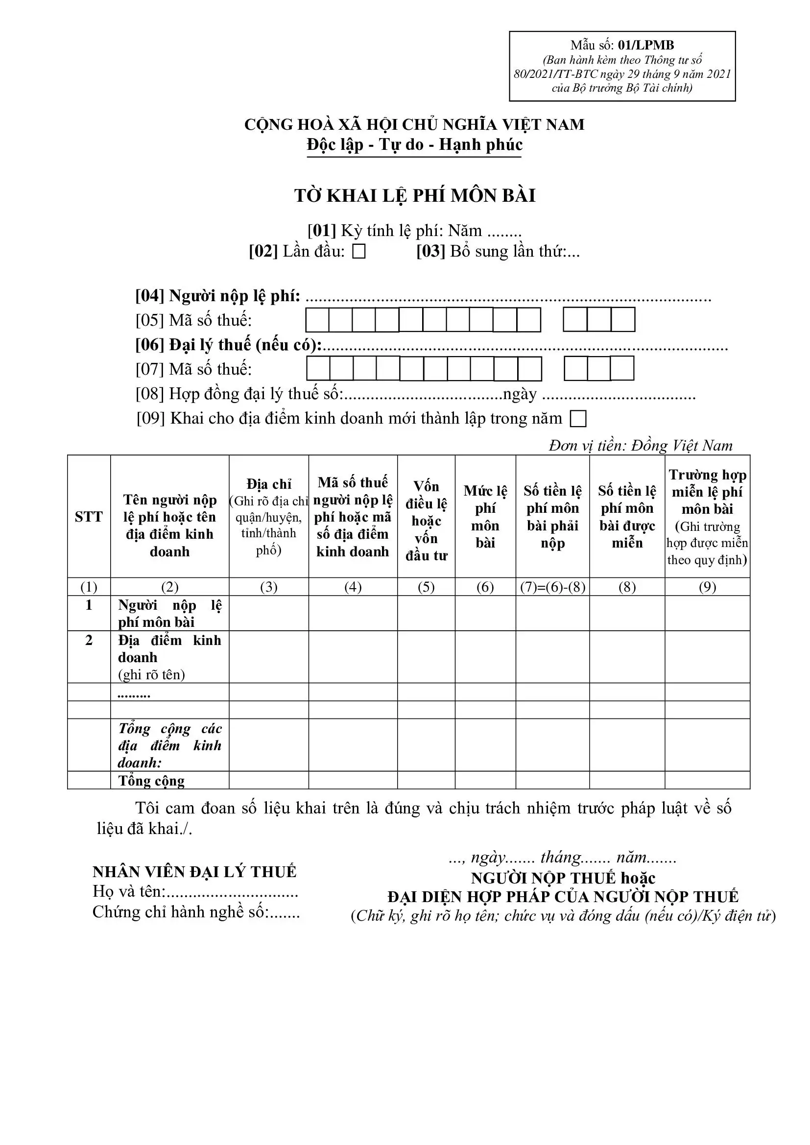 Tờ khai nộp lệ phí môn bài