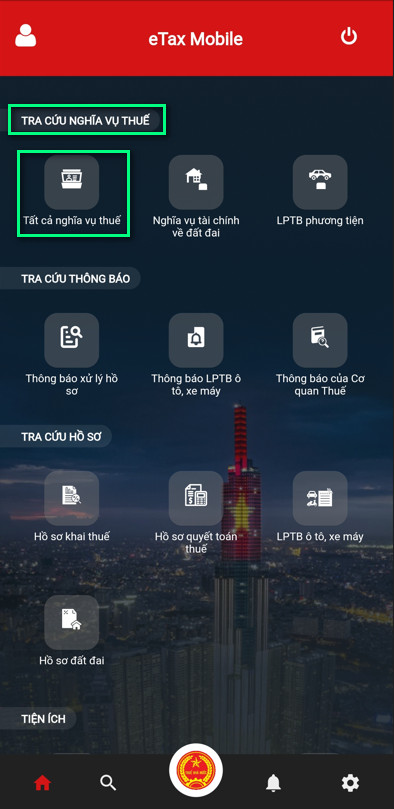 Click chọn tất cả nghĩa vụ thuế