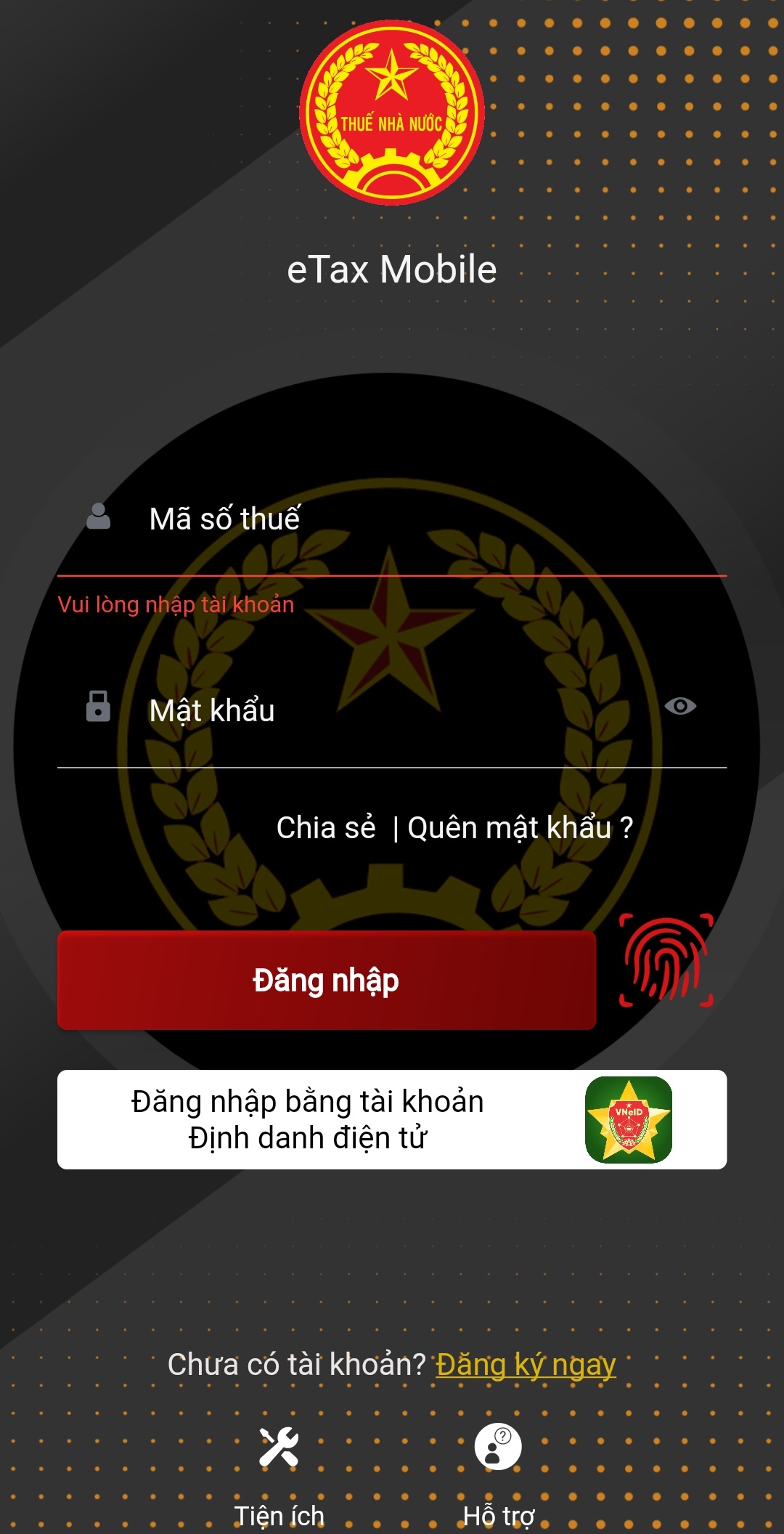Màn hình đăng nhập eTax Mobile